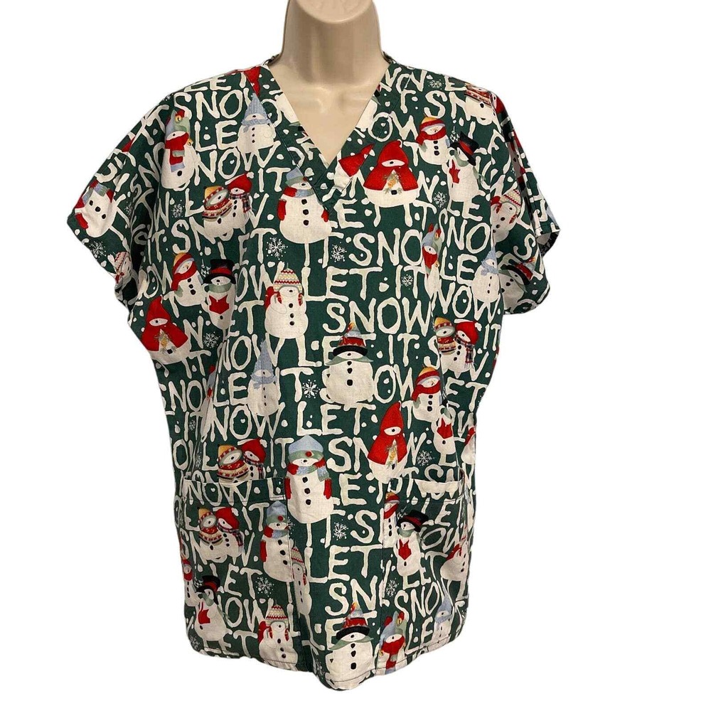 Cotton Scrubs & Co Green Let It Snow Snowman Holiday Scrub Top V-Neck Large‎